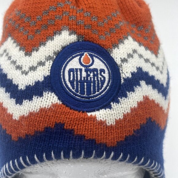 Edmonton Oilers Beanie Trapper Hat Winter Ski Tassels Old Time Hockey Knit Cap - Picture 5 of 10